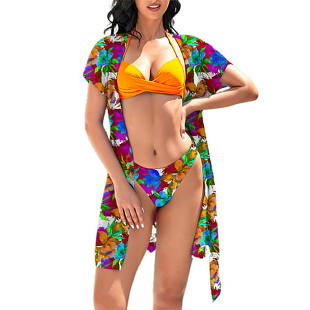 CLZOUD Womens Swimsuits 2023 Orange 2023 New Shawl Print Three Piece Swimsuit Halter Neck Gather Bikini Split Swimsuit Xl