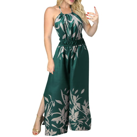 GWAABD Summer Spaghetti Strap V Neck Oversized Wide Leg Jumpsuit Women Daily Summer Casual V Neck Sleeveless Halter Floral Leaf Print Split Halter Bac