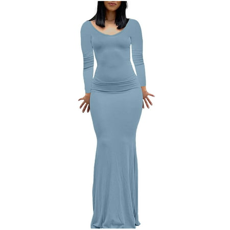 GWAABD White Maxi Dress Women Women S Solid Color V Neck Long Sleeves Backless Fit Long Dress