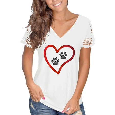 CLZOUD Dress Shirts for Women White Womens Fashion Casual Top V Neck T Shirts Summer Lace Sleeve Loose T Shirts Top M