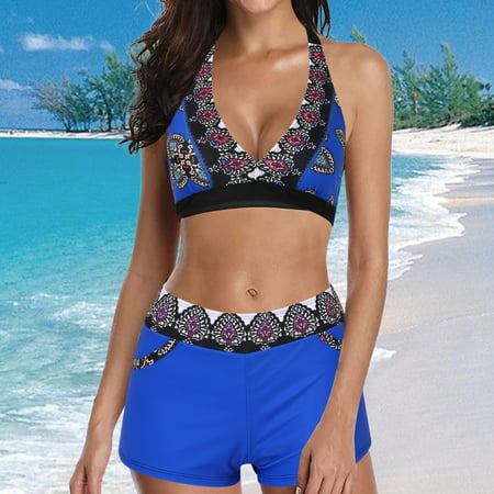 PEASKJP Womens Bathing Suits Push-up Swimwear Triangle Bathing Suit Tie String Thong Tankini Tops Blue S