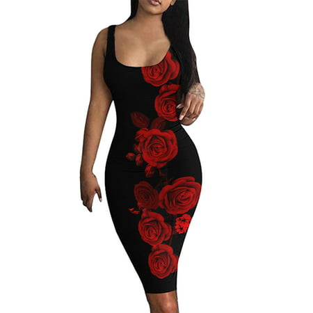 GWAABD Empire Waist Dress for Women Women Summer Dresses Elegant O Neck Printed Sleeveless Tank Dress Close Fitting Club Beach MIDI Dress