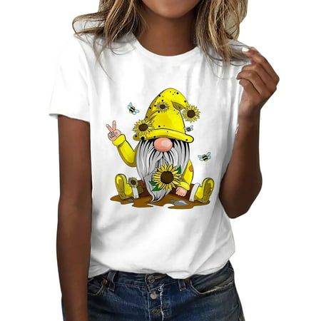 CLZOUD White Women S Classic Version Type Cotton Short Sleeve Crewneck T Shirt Fun Printed Bee Festival M