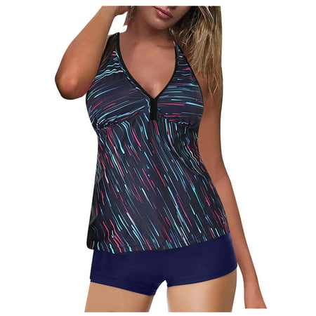 GWAABD Bikini Front Cross with Piece Tummy Suit Swimsuit Two Women Control Top Shorts Bathing Swimwears Tankinis Set