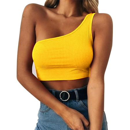 CLZOUD Straps Crop Tops for Women Yellow Womens Fashion Open Navel Short Slim Top Sleeveless T Shirt Bottom Casual Top