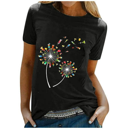 CLZOUD Womens Casual Shirt Black Polyester Women Casual Letter Printing Short Sleeves O-Neck Loose T-Shirt Blouse Tops Xl