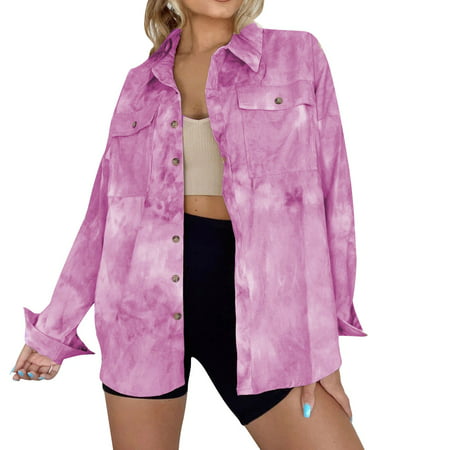 GWAABD Tshirt for Women Graphic Women S Autumn and Winter Trend Street Style Lapel Long Sleeve Printed Shirt Jacket Top