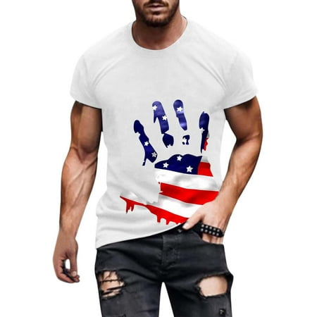 American Flag Men T Shirts Stars and Stripes Male Casual Round Neck Short Sleeve Print Blouse Tops 4th of July Graphic Tees Men White L
