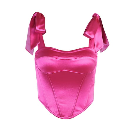 CLZOUD Curve Hem Vest Crop Tank Tops Hot Pink Satin Women S Court Style Thickened Satin Strappy Fishbone Bandeau One Neck Solid Camisole