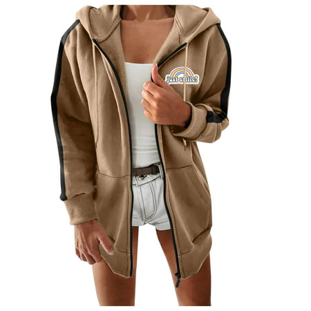 GWAABD Lined Sweatshirt Women Ladies Autumn Winter Casual Loose Hooded Zippered Long Sleeve Printed Jacket Coat