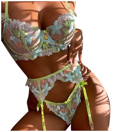 CLZOUD Womens Underwear Green Polyester New Fashion Lace Lingerie Underwear Sleepwear Steel Ring Pajamas Garter L
