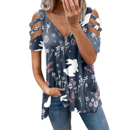 CLZOUD Womem T Shirts Blue Women Casual V Neck Zipper Top Hollow Out Short Sleeve Cute Print T Shirt Xl