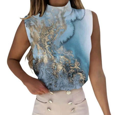 CLZOUD Gym People Tank White Womens Casual Quicksand Printing Turtleneck Sleeveless Tank Blouse Top S