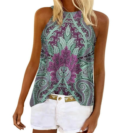 CLZOUD Women S Sleeveless Workout Tank Tops Blue Shirts for Women Boho Summer Cute Tank Tops Halter Neck Sleeveless Vintage Western Ethnic Tee M