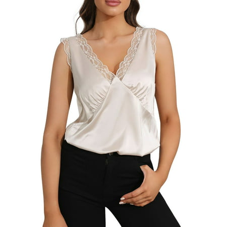 CLZOUD Curve Hem Vest Crop Tank Tops White Women Lace Trim Tank Tops V Neck Fashion Casual Sleeveless Blouse Vest Shirts S