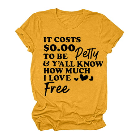 CLZOUD Casual Blouse for Women Yellow Polyester Women Casual Letters Printing Shirts Round Neck Short Sleeve Tee Tops Tunic Blouse Xl