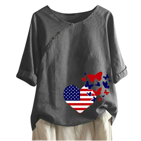 CLZOUD Summer Casual Shirts for Women Grey Linen Summer Womens Half Sleeve V Neck Side Button Floral Fit Printed Top T Shirts Casual Linen Tee Blouse 