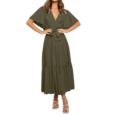 GWAABD Dresses Plus Sized Summer Dress for Women Casual Ruffle Short Sleeve Dresses Wrap V Neck Dress