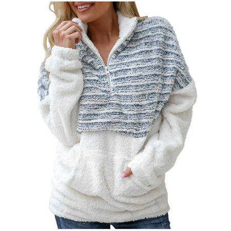 CLZOUD Blouse Top for Women Blue Ladies Plush V-neck Zipper Long-sleeved Color Block Warm Sweater Xxxxl