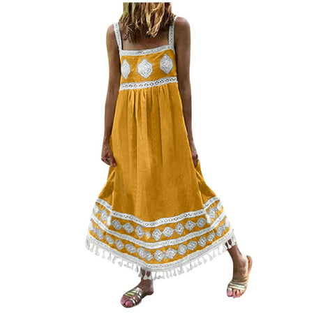 CLZOUD Pretty Dresses Yellow Polyester Women Summer Boho Print Beach Holiday Dress Strap Big Swing Tassel Maxi Dress S