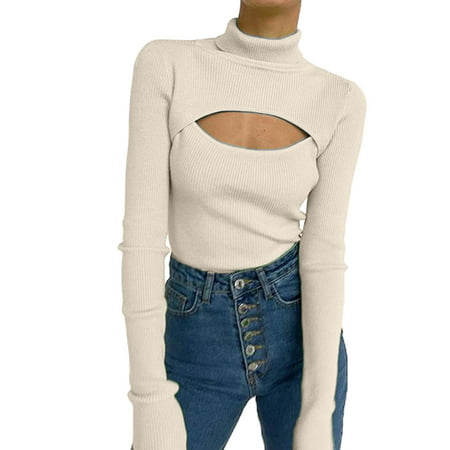GWAABD Half Sleeve Tops for Women Womens Y 2 K Top Shirt Solid Top Turtleneck Long Sleeve SweatersT-Shirt Warm Crop Elegant Sweater Blouse