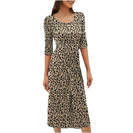 Ersazi Summer Dresses for Women 2023 Women S Fashion Round Neck Long Dress Helf Sleeve Printed Dress Floral Dresses for Women 2023 Party  Khaki XL