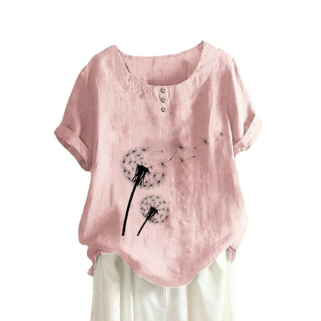 GWAABD Long Sleeve for Women Tops Women Summer Round Neck Button Cotton and Linen Dandelion Print Short Sleeve T Shirt Blouse