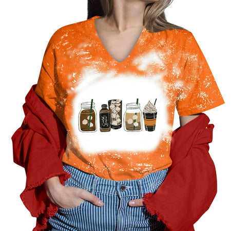CLZOUD Summer Tops Women Orange Women Printed Shirt for Womens Casual Short Tie Dye Sleeves Tops V Neck Tee Tunic Flower Loose Side Blouse L