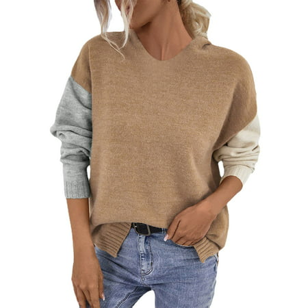 GWAABD Cardigan Jacket for Women Women Fashion Loose Colorblock Hooded Long Sleeve Top Pullover Sweater