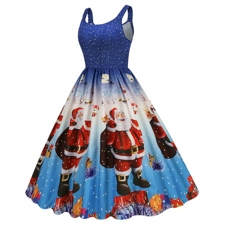 CLZOUD Casual Dress for Women Blue Polyester Women Sleeveless 1950s Housewife Evening Party Prom Dress S