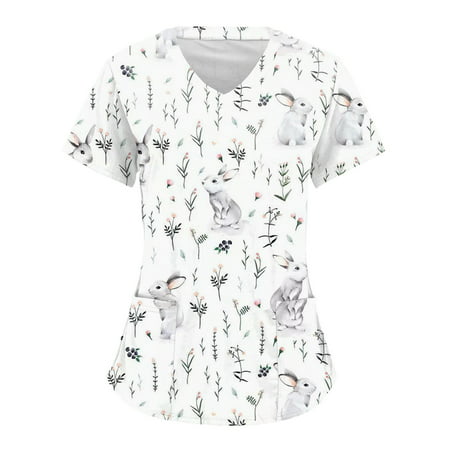 CLZOUD Women Blouses Casual Grey Womens Print Short Sleeve V Neck Workwear T Shirt Top Blouse with Pockets M