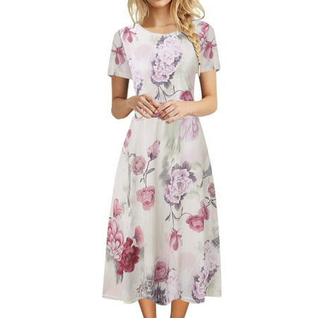 GWAABD Plus Size Maxi Sundress Casual Dress for Women Fashion O Neck Short Sleeve Bohemian Floral Print Plain Fit Simple T Shirt Loose Flowy Dress