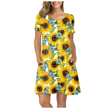 GWAABD Long Wrap Dress Women Summer Short Sleeve Sunflower Printed Pockets Sundress Casual Swing Dress