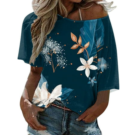 CLZOUD Women T Shirts Casual Navy Women Boho Loose Top Summer Blouse T Shirt One Plus Size Floral Printed Shoulder Women S Blouse L