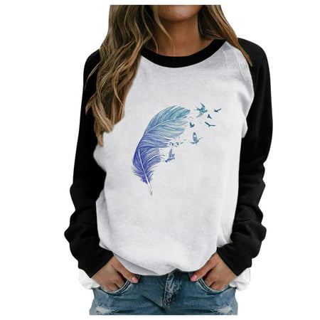 CLZOUD Womens Shirt Black Cotton Blend Women S Casual Round Neck Long Sleeve Print Top Blouse T-shirt Xl