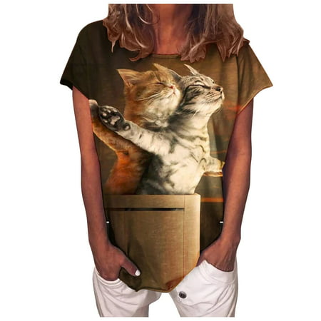 CLZOUD Women Blouses Casual Brown Polyester Women S Casual Fashion Loose Round Neck Cat Print Short-sleeved Tops M