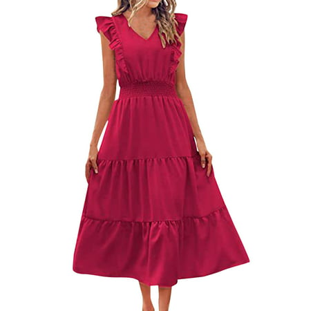 CLZOUD Dress Summer for Women Red Polyester Women S Ruffle Trim Sleeveless V Neck Maxi Long Dress Elastic Waist Pleated Swing Aline Elegant Summer Bea