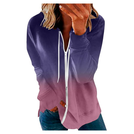 GWAABD Womens Long Puffy Coat Women Casual Long Sleeve Zip-up Hoodie Gradient Printed Sweatshirt Coat