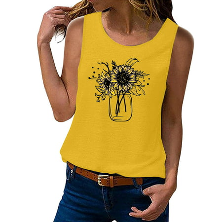 CLZOUD Plus Size Tops Yellow Women Sleeveless Summer Tops Tank Top Cute Flower Bouquet Casual Vacation Shirt Top Xxl