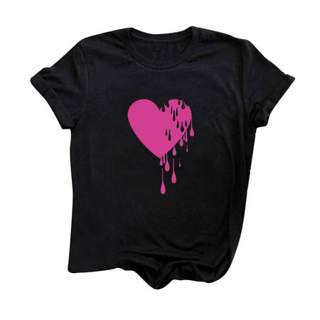 CLZOUD Womens Tops and Blouses Fashion Black Polyester Womens Tops O-Neck Short Sleeve Heart Printed T Shirt Casual Basic Blouse L