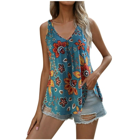 CLZOUD Womens Halter Tops Dressy Light Blue Fashion Women S Casual Retro Floral Print Sleeveless Camisole Blouse Tank Tops L