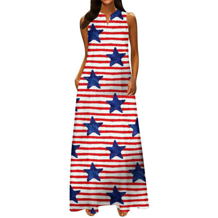 Guieoi Summer Dress Fashion Women Casual V-Neck Independence Day Printing Dresses Summer Sleeveless Pullover Dress Summer Dresses 2518 on Clearance