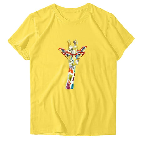 CLZOUD Womens T Shirts Trendy Yellow Giraffe Fashion Woman Round Neck Short Sleeve Tops T-Shirt Prints Loose Short Xxl