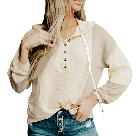 GWAABD Cute Hoodies Womens Long Sleeve V Neck Button Sweatshirt Loose Hoodie Casual Pullover with Drawstring