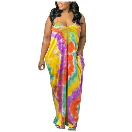 CLZOUD Cute Dresses for Women Orange Polyester Women Summer Maxi Tie-Dye Long Dresses Pockets Sleeveless M