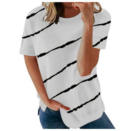 GWAABD Women Spring Long-Sleeved Shirt Women S Casual Fashion Short Sleeve Striped Printed Round Neck Pullover T-shirts