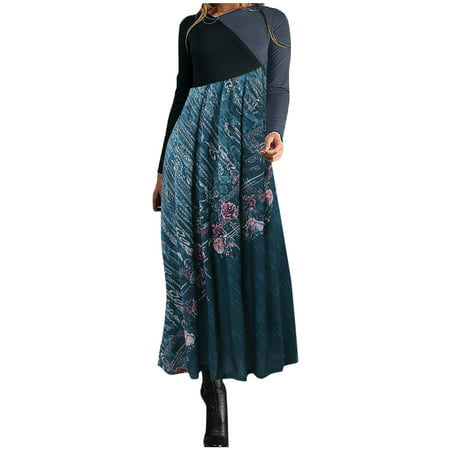 GWAABD Flying Sleeve Dress Women S Autumn Winter Long Dresses Elegant Dress Stitching Flower Prints Party O Neck Long-Sleeved Dresses
