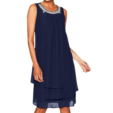 GWAABD Long Wrap Dress Swing Sleeveless Size O-neck Dress Casual Summer Sequin Chiffon Women Women S Dress
