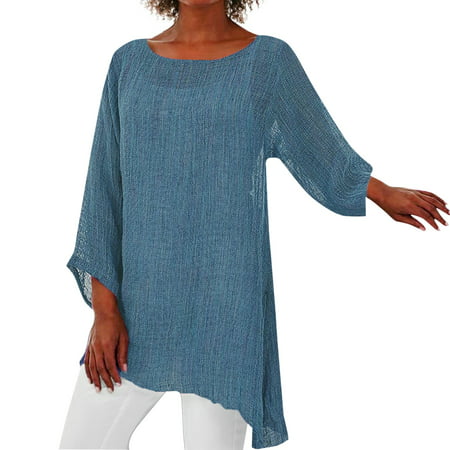 CLZOUD Shirts for Women Casual Summer Blue Cotton Women Plus Size Long Sleeve Irregular Hem Linen Baggy Blouse Shirt Ladies Summer Tunic Tops Xxl