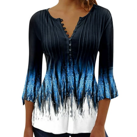 CLZOUD T Shirt Women Blue Women S Autumn and Winter Vintage Printed V Neck Slim Striped Blouse Xxl